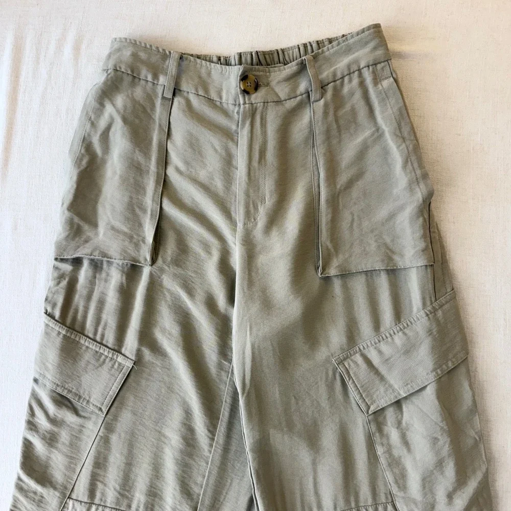MNG Mango Cargo Pants Woman 6 Beige Wide Leg Lightweight Utility Casual Trousers